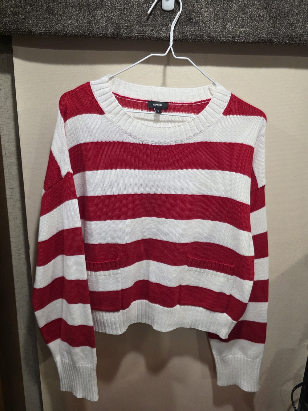 Express Red and White Striped Crewneck Sweater
